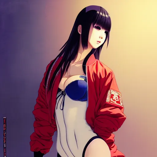 Image similar to a beautiful japanese lalisa alluring gravure model, wearing oversized designer bomber jacket and leotard, bulky poofy bomber jacket with mesoamerican patterns, mesoamerican native street fashion, gapmoe yandere grimdark, trending on pixiv fanbox, painted by greg rutkowski makoto shinkai takashi takeuchi studio ghibli, akihiko yoshida