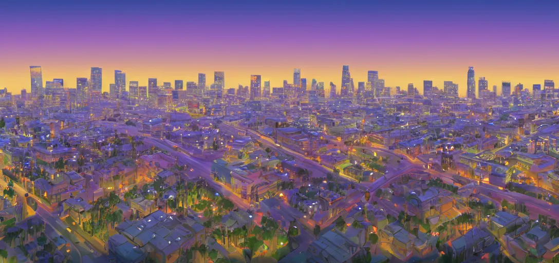 Prompt: visual development of los angeles skyline cityscape at dusk by lou romano, pixar disney dreamworks sony animation