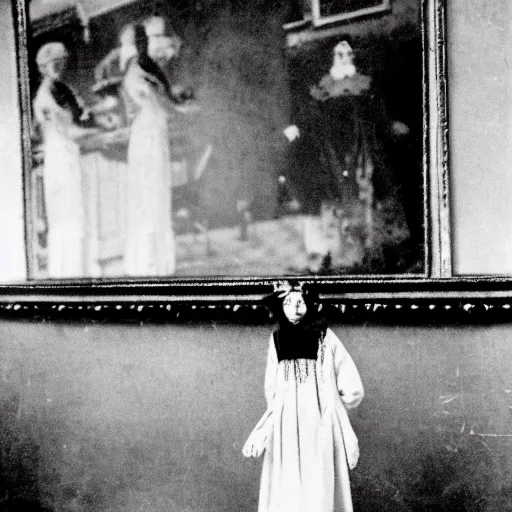 Prompt: photograph from 1900 of a ghost in a mansion. Black and white. Film.