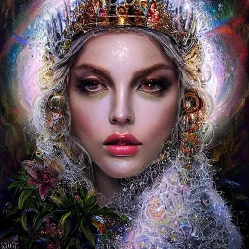 Prompt: epic ultra detailed realistic portrait of beautiful queen made of diamonds candles and translucent fabric. in the unicorn's garden. surrealistic magic, concept art, sharp foccus. intricate, elegant. by basil gogos. art by wlop and artgerm and greg rutkowski and andrei riabovitchev