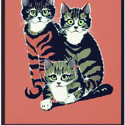 Prompt: silk screen poster of angry kittens in style of frank kozic