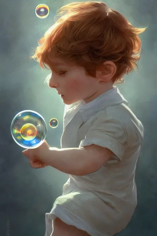 Prompt: a little boy with very short ginger hair chasing bubbles. clean elegant simple illustration, beautiful detailed face. by artgerm and greg rutkowski and alphonse mucha