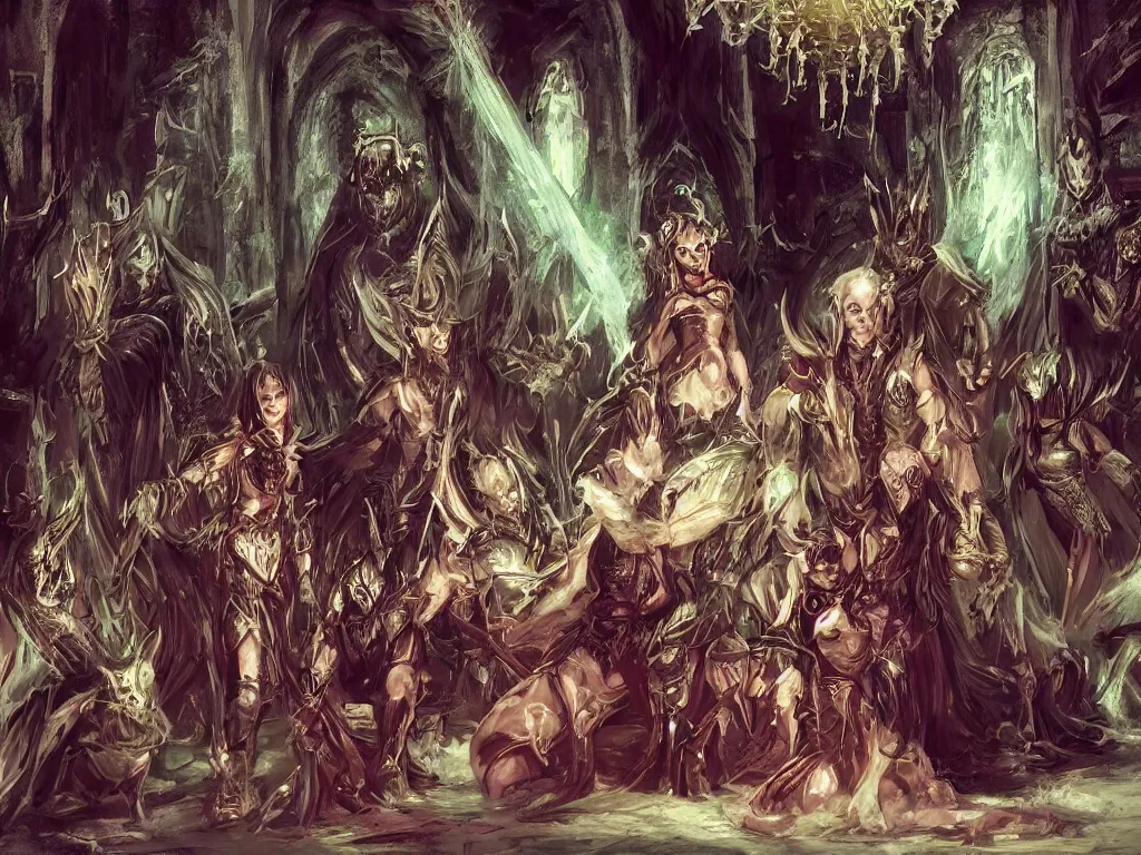 Prompt: Demon Lord and Demon Lady with their family in the Throne Room | fantasy art