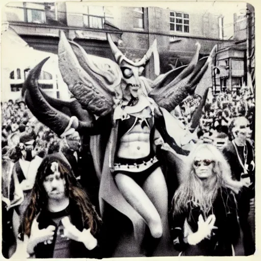 Image similar to Satanic States of America, alternate history, Satanic parade, 1976, cheering crowds, Baphomet float, 70s fashion, Polaroid