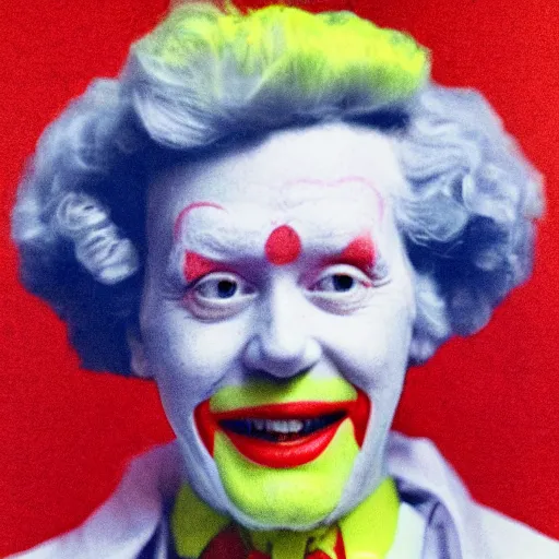 Image similar to photograph of ronald mcdonald as an enlightened being, colorized, damaged