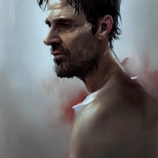 Prompt: Portrait of a man by Greg Rutkowski, he is about 40 years old, southern slav features, messy brown short hair, strong and tall, tired expression, he is a black tank top, highly detailed portrait, digital painting, artstation, concept art, smooth, sharp foccus ilustration, Artstation HQ.