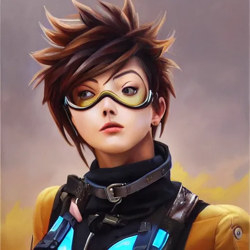 Image similar to oil painting of tracer overwatch in a field wearing very large black leather belt choker collar around neck, in style of mark arian, expressive face, very detailed face, very detailed eyes, belt around neck, full body, feminine face, tracer overwatch,