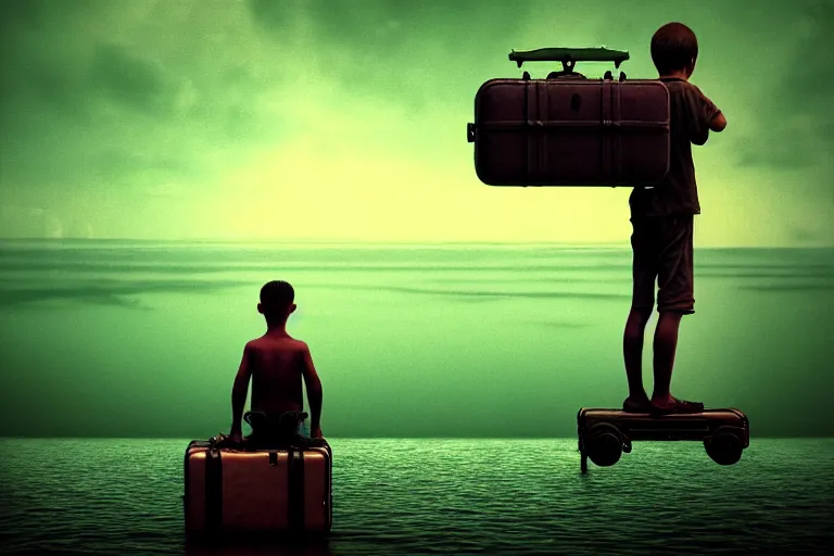 Prompt: hyperrealistica boy with binoculars sits on a suitcase floating on the sea, in the style of beksinski, solarpunk, atmospheric, clean, intricate and epic composition, green by caravaggio, insanely quality, highly detailed, masterpiece, blue light, artstation, 4 k