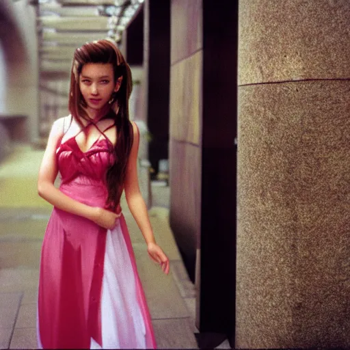 Prompt: photo of aerith from final fantasy vii, cinematic, cinestill 4 0 0 t film