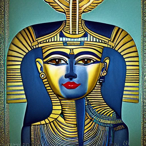 Prompt: oil on canvas of egyptian god beautiful majestic. realistic. beautiful. mysterious. intricately detailed. meticulously rendered. ornate. epic. 8 k hd. trending on art station. h 7 6 8