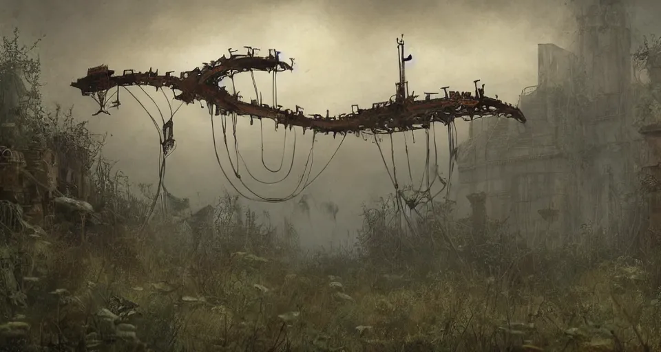 Image similar to rusty broken steampunk flying ship taken by ferns and vines, steppe, misty background, from the game pathologic 2, highly detailed, sharp focus, matte painting, by studio ghibli, by su jeong ahn, by isaac levitan and asher brown durand,