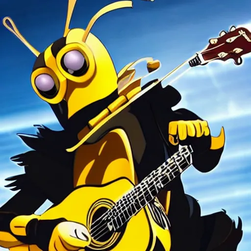 Prompt: bumblebee singing on stage with a microphone and acoustic guitar in an anime