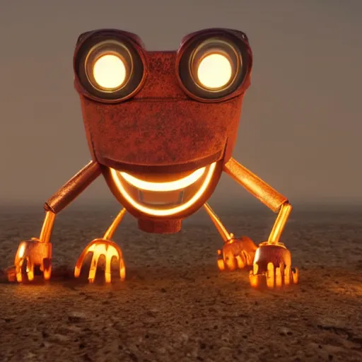 Prompt: figure of rusty bot on 3 wheels, humbly smiling, lightbulbs as eyes, 3 d realistic, pixar esthetics, light tracing, 8 k