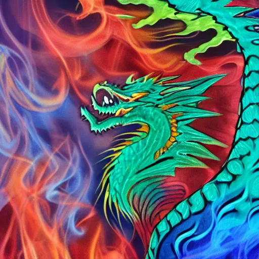 Image similar to multi color smoke with the small head of a dragon, billowy, 8 k, 4 k