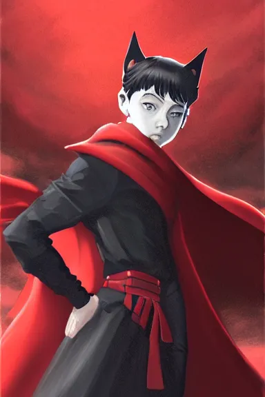 Image similar to little boy with cat ears in an black outfit with red cape. digital artwork made by lois van baarle and kentaro miura and marc simonetti, sharpness focus, inspired by hirohiko araki, anatomically correct, heroic composition, hero pose, smooth, concept art