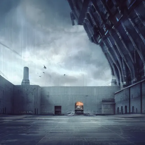 Prompt: high security prison, fantasy, large building against a menacing sky, 'the first law', cinematic, realistic style, beautiful, majestic, dramatic lighting, early morning, dawn CGsociety, realistic, hyper maximalist, golden ratio, octane render, rule of thirds, wide shot , 8k resolution, epic volumetric light, cinematography, concept art, Artstation trending, environments, fantasy