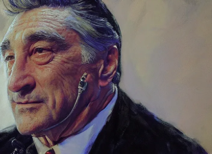 Prompt: a highly detailed beautiful portrait of robert deniro by gregory manchess, james gurney, james jean