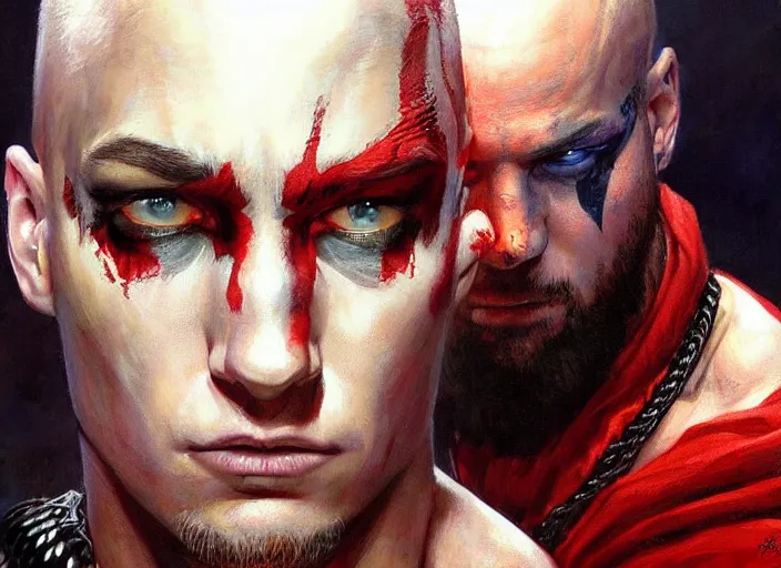 Image similar to a highly detailed beautiful portrait of eminem as kratos, by gregory manchess, james gurney, james jean