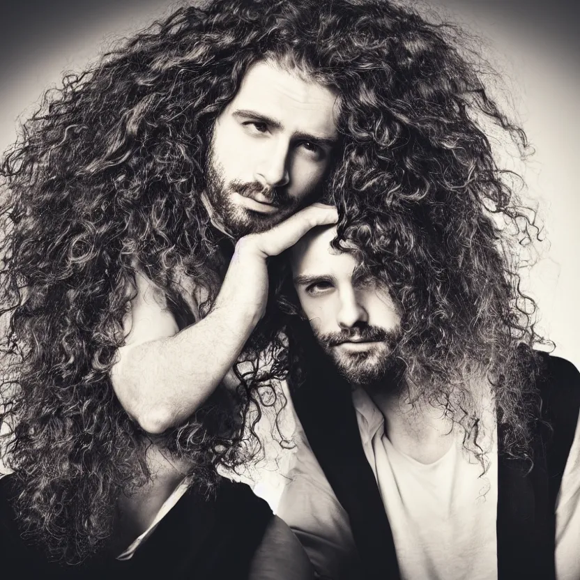 Image similar to portrait of a man, long curly hair, top lighting