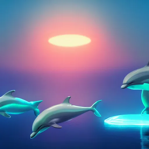Prompt: dolphins swimming in bioluminescence, photorealistic, pixar, octane render, disney, soft