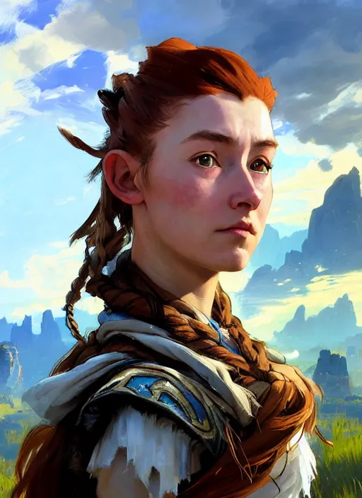 Image similar to portrait of a european Aloy from Horizon Zero Dawn in the style of League of Legends practicing, countryside, calm, fantasy character portrait, dynamic pose, above view, sunny day, thunder clouds in the sky, artwork by Jeremy Lipkin and Giuseppe Dangelico Pino and Michael Garmash and Rob Rey and Greg Manchess and Huang Guangjian, very coherent asymmetrical artwork, sharp edges, perfect face, simple form, 100mm