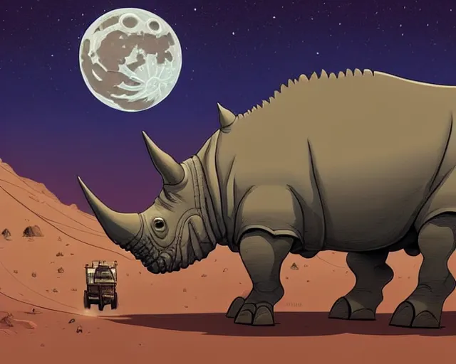 Prompt: a cell shaded cartoon of a lovecraftian mechanized rhino on a desert road, in front of a big moon illustration, wide shot, subtle colors, post grunge, studio ghibli, david rubin, mike mignola, laurie greasley, highly detailed, sharp focus, trending on artstation, hq, deviantart, art by artgem