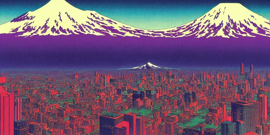 Image similar to skyline of a large metropolis, mount rainier looming in the background, acid and dreaming psychedelic hallucinations, by kawase hasui, moebius and edward hopper, hd, 8 k, artstation, sharp focus, smooth, masterpiece