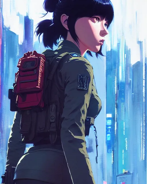 Image similar to girl wearing in tactical gear | | audrey plaza, fine detail!! anime!! realistic shaded lighting!! dramatic!! poster by ilya kuvshinov katsuhiro otomo ghost - in - the - shell, magali villeneuve, artgerm, jeremy lipkin and michael garmash and rob rey