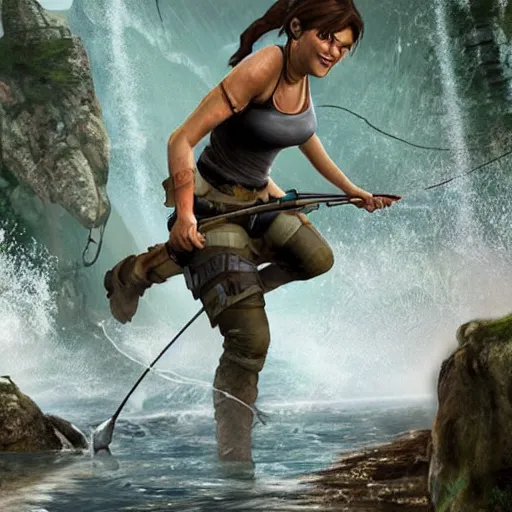 Image similar to lara croft fishes and she laughs because she got shoes