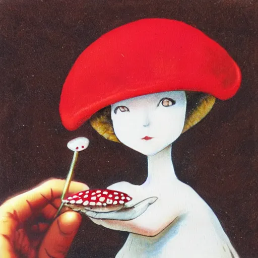 Image similar to red capped mushroom with alice in wonderland