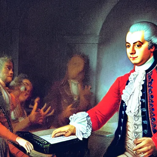 Image similar to a photo of wolfgang amadeus mozart on a rave. he sweats a lot because the club is poorly ventilated, but he still has a great time. club photography, smartphone photography.