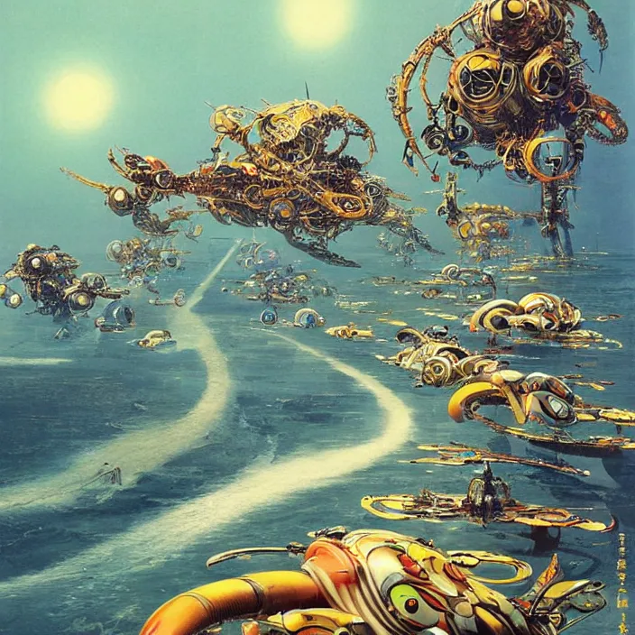 Image similar to cyberpunk mollusc mechs, flowing, aerodynamic, fast, flat art, digital art, hd, by takashi murakami, by bruce pennington