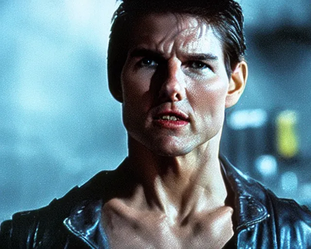 Prompt: film still close - up shot of tom cruise as terminator. photographic, photography