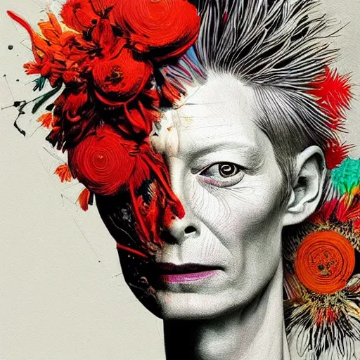 Image similar to a realistic yet sketched fierce neon tilda swinton, trending on artstation, by archan nair and marlene duma, intricate details, flowers, in the style of frank auerbach, in the style of martin ansin, in the style of david aja, in the style of mattias adolfsson