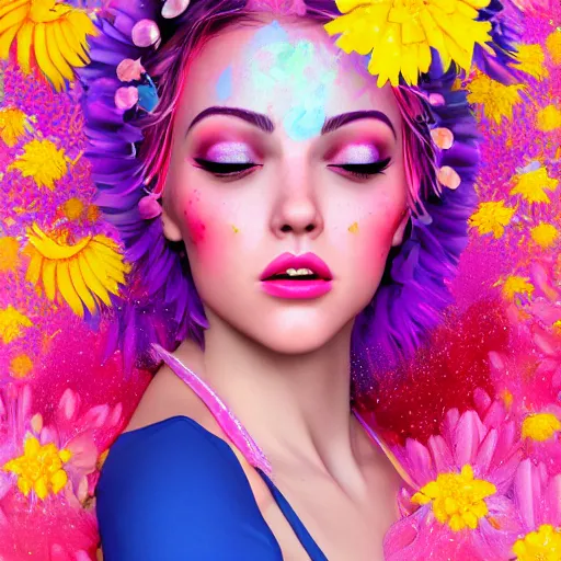 Image similar to a divine feminine woman, pink hair, rosey cheeks, sparkles on eyelids, surrounded by lush flowers and feathers in bright abstract colours, ultra realistic digital painting, artstation, concept art, pop, smooth, sharp focus, illustration, art by dean corwell 3 d 8 k ultra detailed