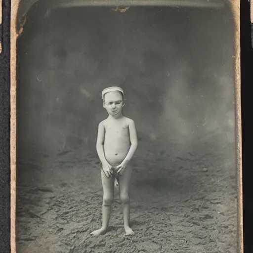 Image similar to tintype photo, swimming deep underwater, kid with huge clown