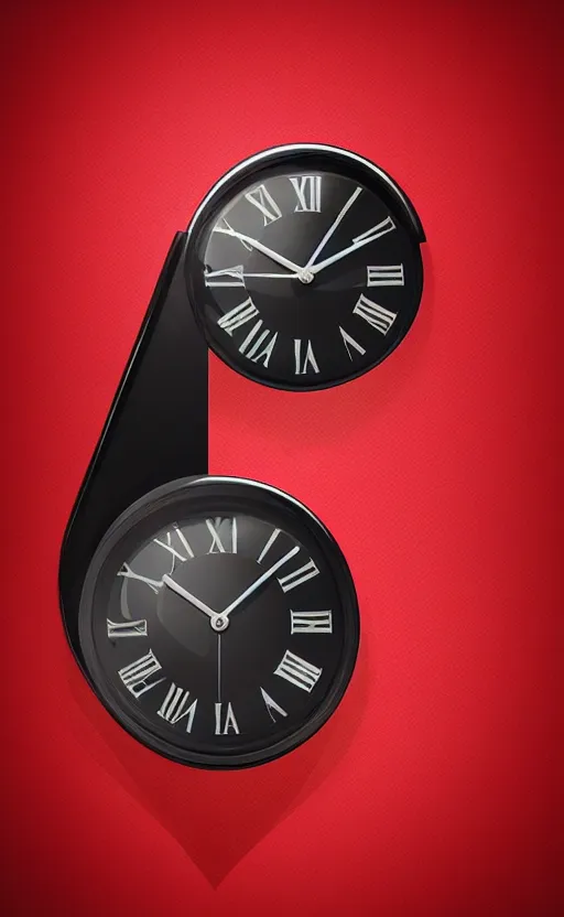 Image similar to a melting Roman numeral clock, behind a red and black gradient background, awith a black heart shaped on the top left corner and a black diamond card shape in the bottom right corner, dynamic lighting, photorealistic fantasy concept art, trending on art station, stunning visuals, cinematic, creative, ultra detailed