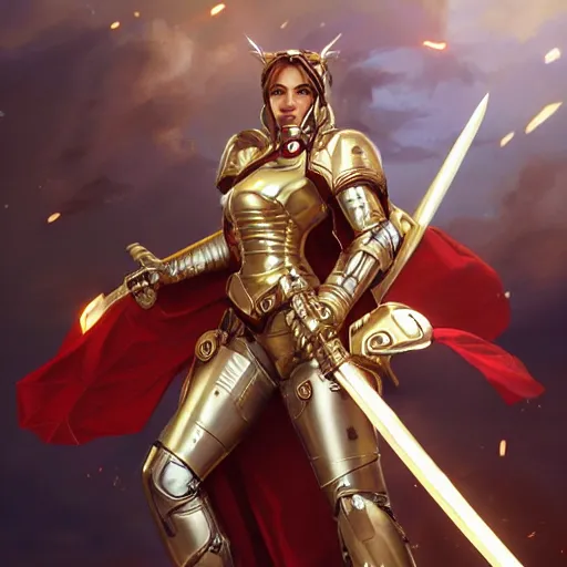 Image similar to picture of fully armored valkyrie, crimson plated, sword and shield, golden wings, divine vibes, light brown hair, white skin, shiny golden eyes, pretty, sky background, sharp focus, highly detailed, cinematic lighting, studio quality, smooth render, unreal engine 5 rendered, octane, rendered, by artgerm, greg rutkowski, alphonse mucha