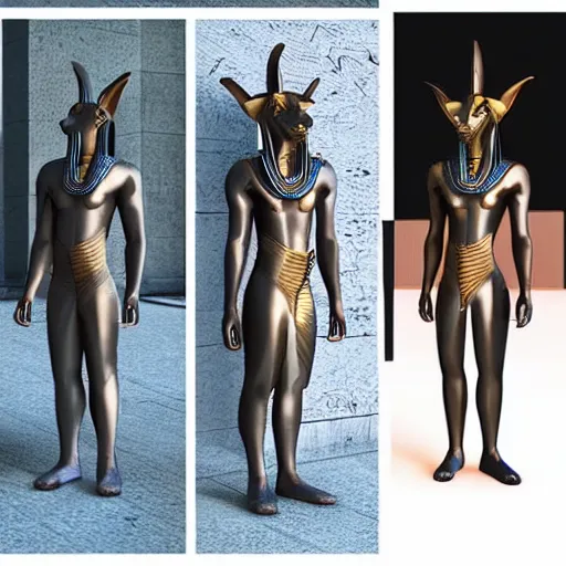 Image similar to “ egyptian god anubis in modern clothes, 3 d aesthetic lighting ”