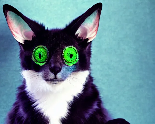 Image similar to a blue - and - black male blue / green heterochromatic catbat fursona with blue / green heterochromatic eyes ( one eye green ) and huge bat ears, photo of the catbat streaming on his computer