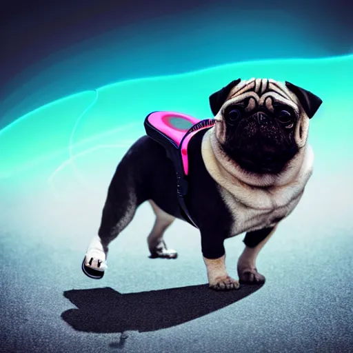 Prompt: a morbidly obese pug wearing sunglasses riding a hoverboard, retrowave style, high resolution photo