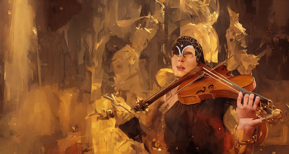 Prompt: craig mullins and ghibli digital art of a masked female play violin on the stage ， exotic costumes, gold jewelry, black hair, realistic shading, cinematic composition, realistic render, octane render, detailed textures, photorealistic, wide shot