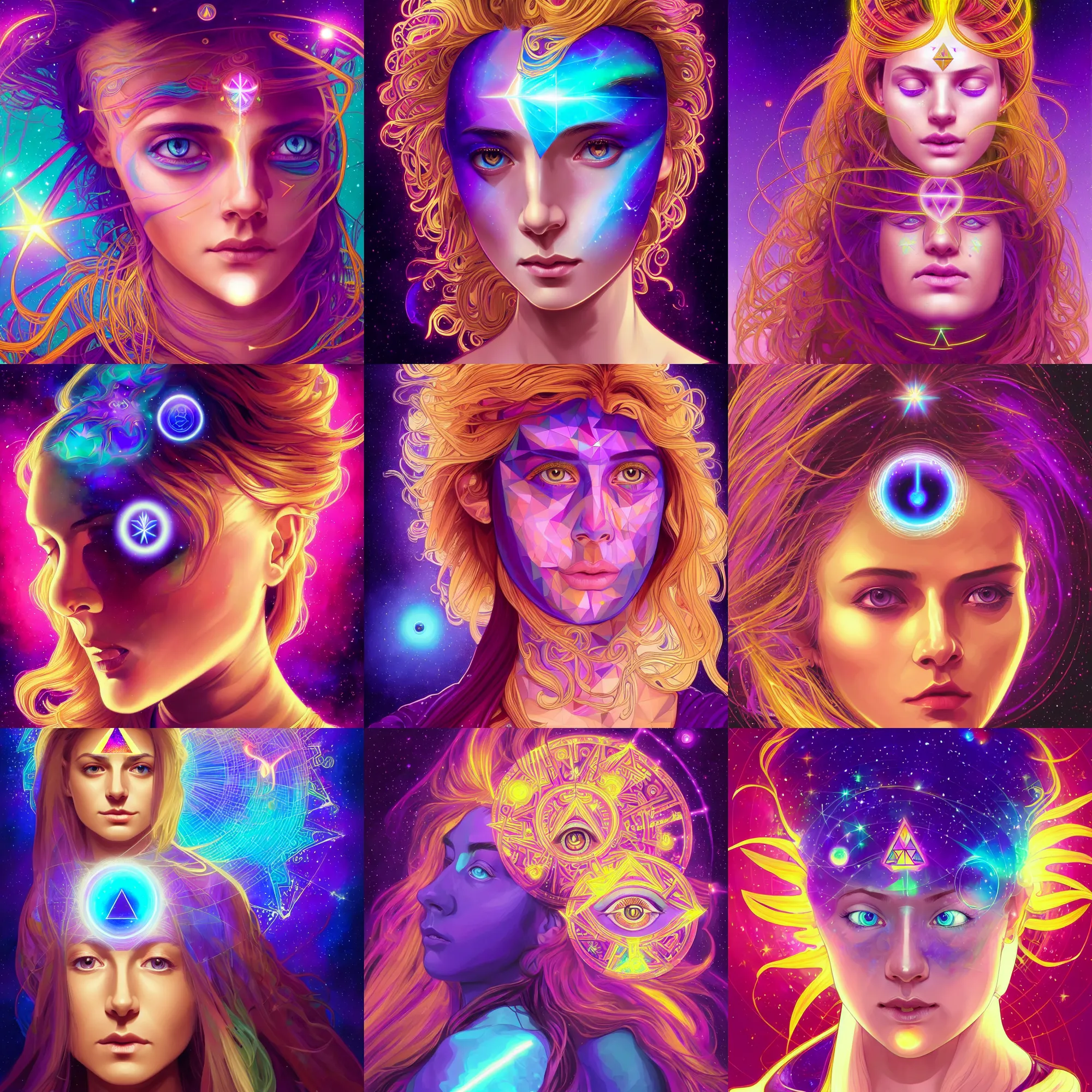 Prompt: centered psychedelic colorful head and shoulders portrait of a girl with glowing purple third eye chakra and golden hair, geometric third eye triangle, sci - fi face, sacred geometric mandal background, breathtaking stars, elegant, highly detailed, digital painting, artstation, concept art, smooth, sharp focus, illustration, art by artgerm and greg rutkowski and alphonse mucha,