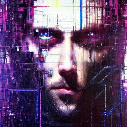 Prompt: hyperrealistic portrait of a cyberpunk man, long hair, by Guy Denning, Johannes Itten, Russ Mills, glitch art, complex, hacking effects, glitch effects, looking straight, digital tech effects, cybernetics, detailed lines, chromatic, color blocking!, oil on canvas, highly detailed, detailed eyes, symmetrical eyes, symmetrical, octane, concept art, abstract, blue and black, 8k, cinematic, trending on artstation