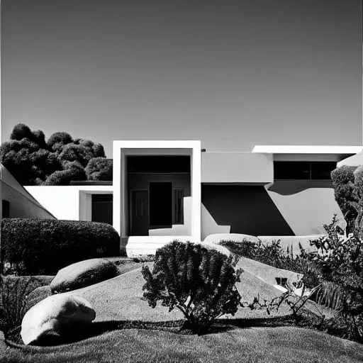 Prompt: “ a perfectly centered beautiful black and white 9 0 mm photo of mid - century retro - futuristic house in los angeles ”