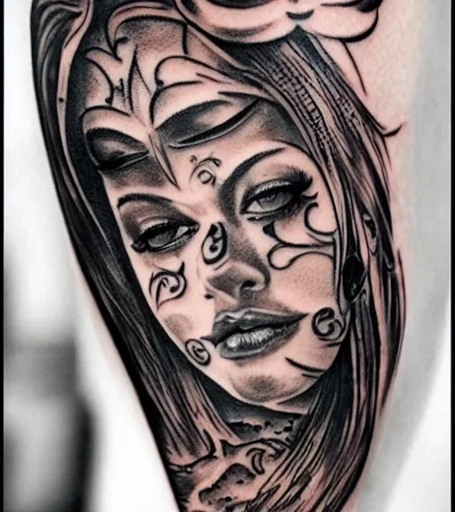 Image similar to a beautiful tattoo design, in the style of den yakovlev, hyper realistic, black and white, realism, highly detailed