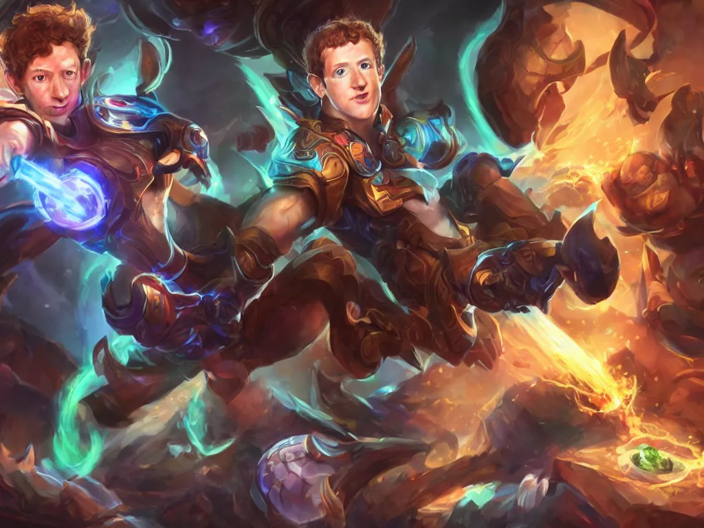 Prompt: mark zuckerberg as a character in the game league of legends, art by jessica oyhenart