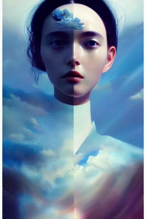 Prompt: 3 d, close - up, clouds, moon rays, frown fashion model, night, moon rays, vogue cover style, poster art, hyper detail, intricate oil painting, multiple exposure, morning mood, 3 d, by tooth wu and wlop and beeple and greg rutkowski
