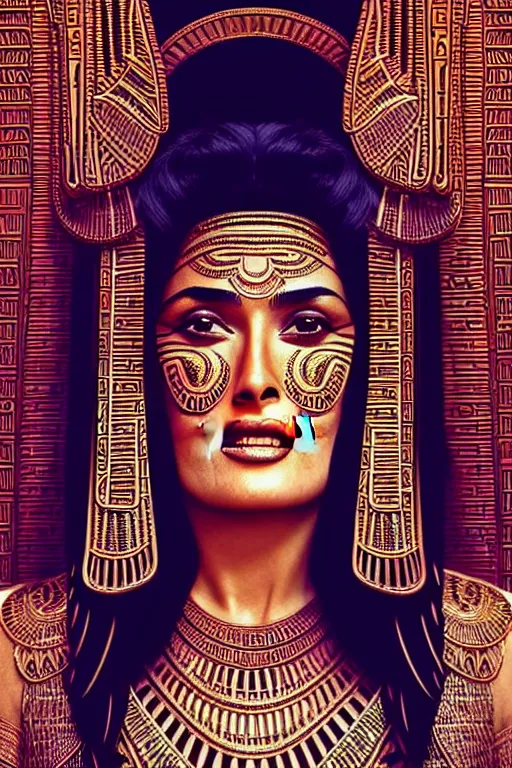 Image similar to Portrait of Salma Hayek as Cleopatra, intricate art deco leaf designs, elegant, highly detailed Egyptian patterns, hieroglyph, sharp focus, art by Artgerm and beeple