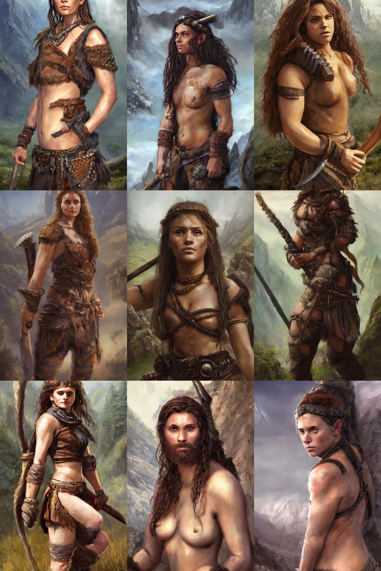 Prompt: a full body high detail fantasy portrait oil painting illustration of a beautiful young rugged stoic barbarian woman by justin sweet with face and body clearly visible, in a scenic background, pupils visible, realistic proportions, d & d, rpg, forgotten realms, artstation trending, high quality, sombre mood, artstation trending, muted colours, entire person visible!